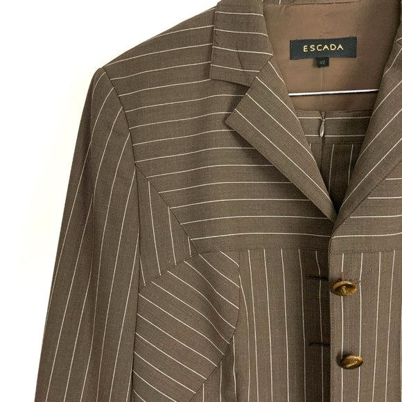 ESCADA Pinstripe Brown Wool Suit Blazer & Skirt Career Business Sz 42-44 (8-10) - Picture 7 of 16